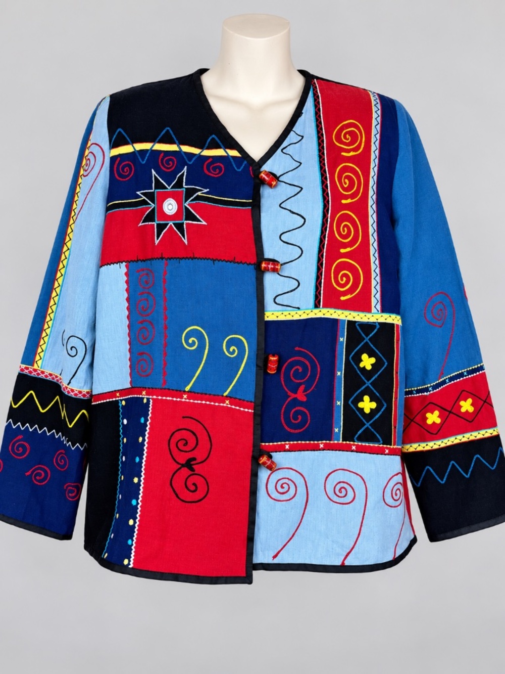 Indigo Moon Womens S Handwoven Embroidered Patchwork Jacket Boho Art-to-Wear QVC